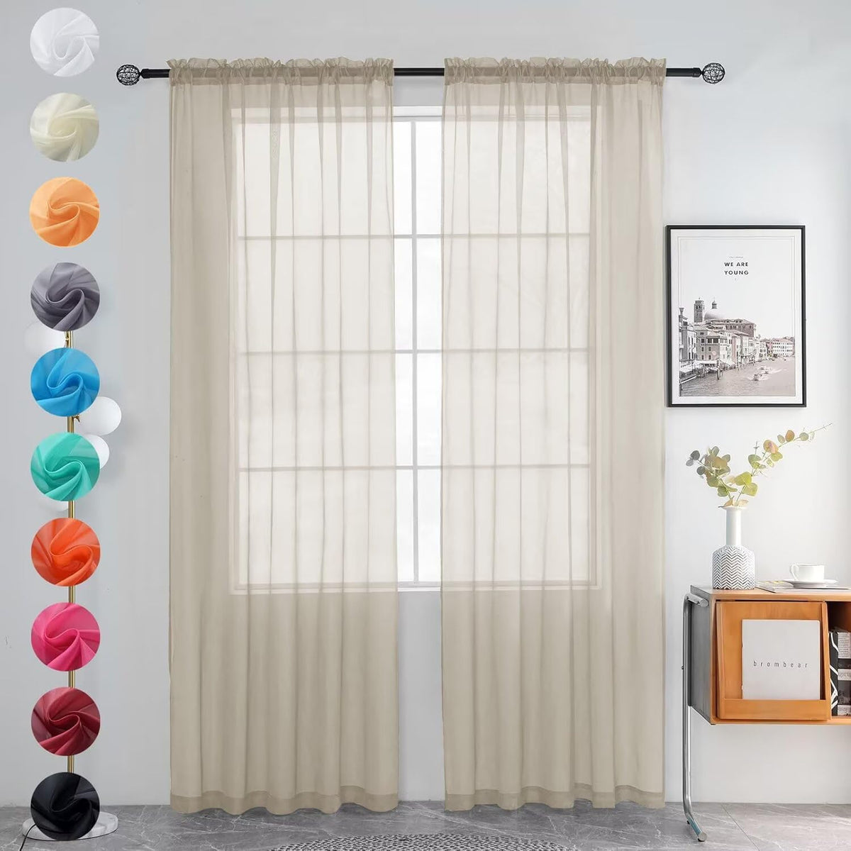 youleyar Solid Sheer Rod Pocket Curtain Voile Draperies 2 Panels White Beige Black Grey Coffee 52 Inch Width 84 Inch Long 1 Pair for Kitchen Bedroom Children Living Room Yard (Ivory,52W ｘ 84L)