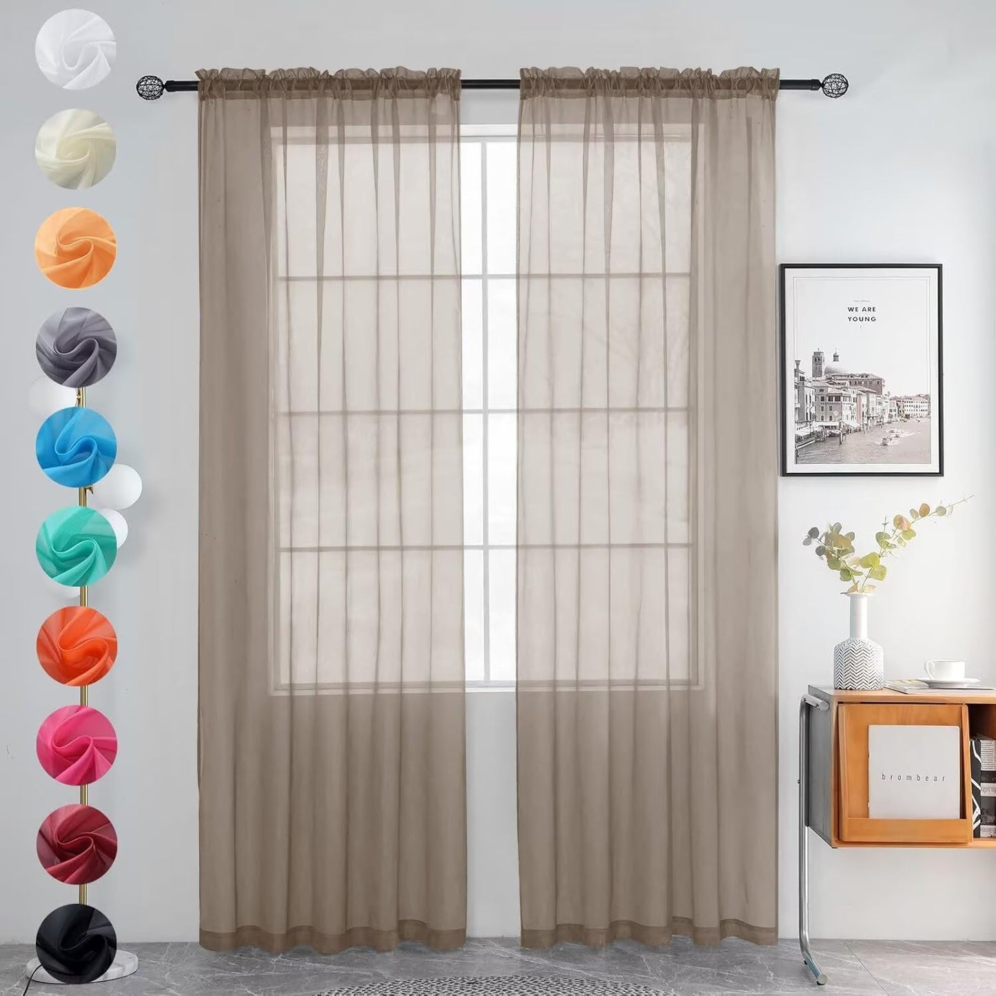 youleyar Solid Sheer Rod Pocket Curtain Voile Draperies 2 Panels White Beige Black Grey Coffee 52 Inch Width 84 Inch Long 1 Pair for Kitchen Bedroom Children Living Room Yard (Ivory,52W ｘ 84L)