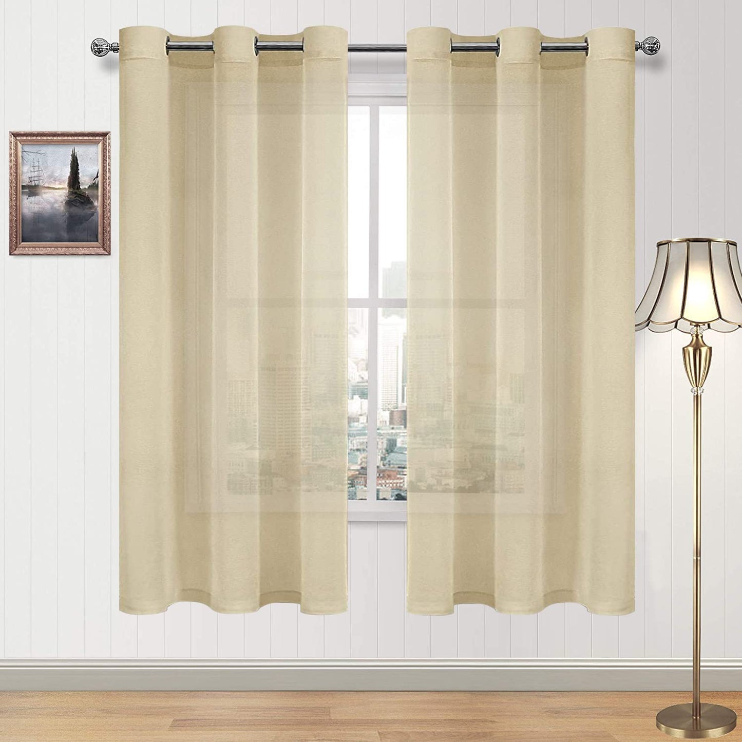 DWCN White Sheer Curtains Linen Look Semi Transparent Voile Grommet White Curtains for Living Dining Room Drapes 52 x 84 Inch Long, Set of 2 Panels