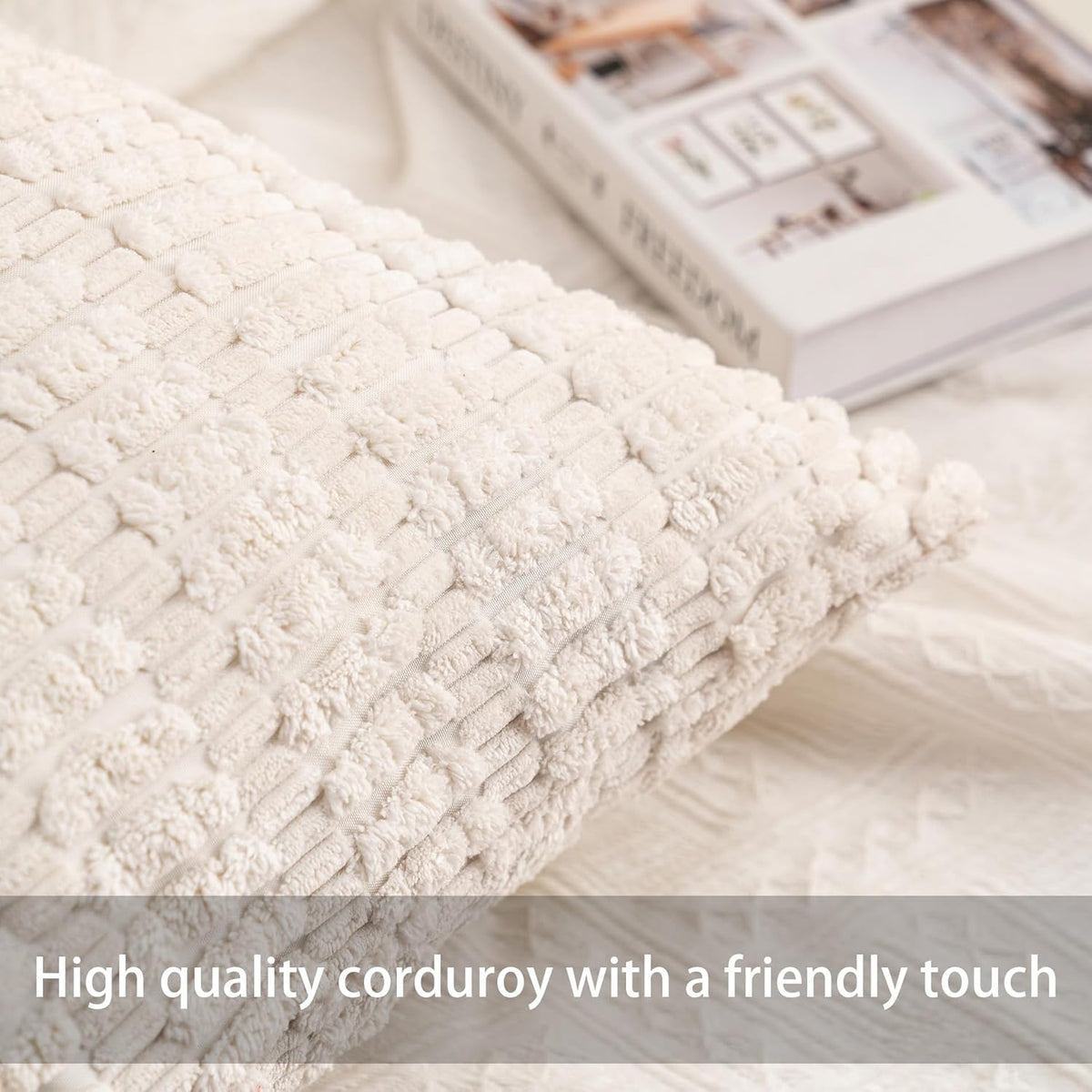 Pack of 2 Corduroy Decorative Throw Pillow Covers 18x18 Inch, Cream White | Fall Soft Striped Pillow Covers Modern Farmhouse Home Decor Christmas Throw Pillow Covers for Sofa Living Room Couch Bed ﻿