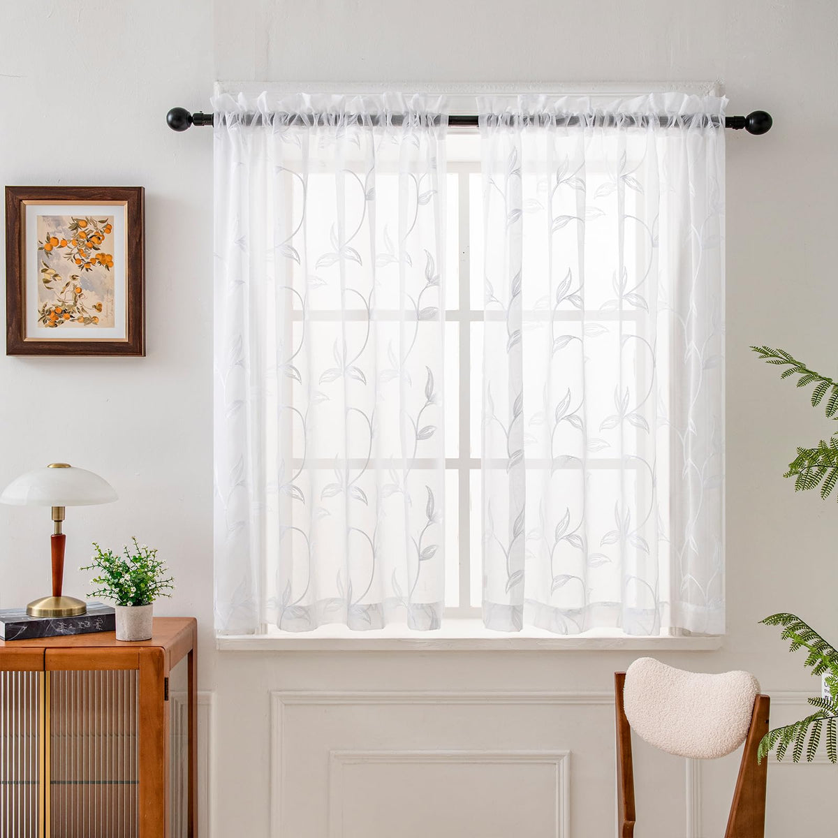 Sheer Curtains Boho Leaf Floral Embroidered Cream Beige 54Wx84L | Light Filtering Semi Sheer Voile Curtains With Design, Rod Pocket Window Drapes for Bedroom Living Room 2 Panels
