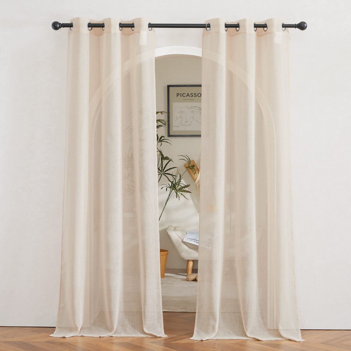 NICETOWN White Sheer Linen Curtains for Living Room 84 inch Length 2 Panels Set, Grommet Semi Sheer Privacy with Light Filtering Flax Window Treatments for Bedroom, W52 x L84