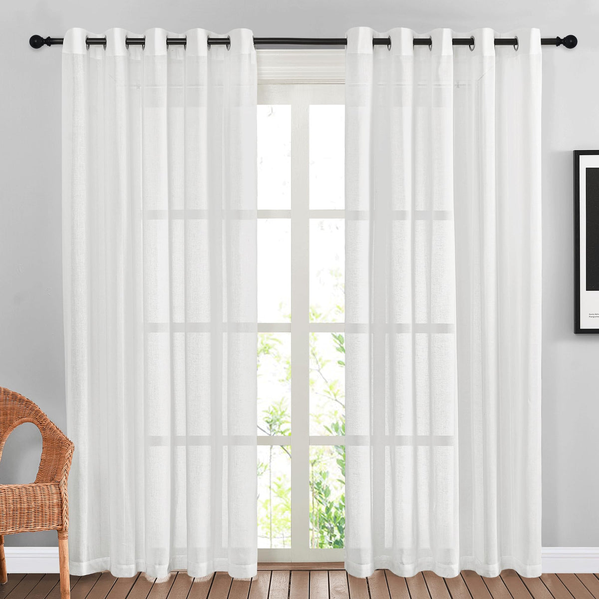 NICETOWN White Sheer Linen Curtains for Living Room 84 inch Length 2 Panels Set, Grommet Semi Sheer Privacy with Light Filtering Flax Window Treatments for Bedroom, W52 x L84