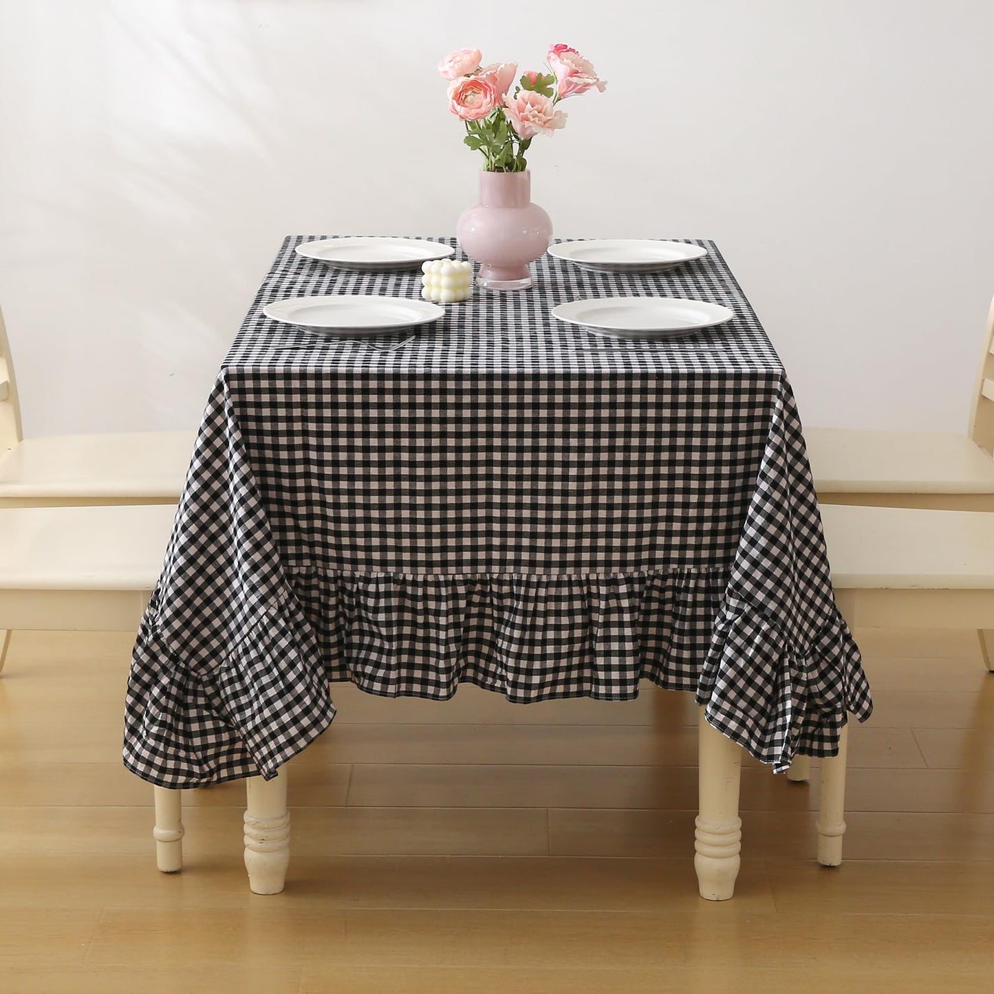 Blush White Gingham Ruffled Table Cloth Rectangular 120“x60” | 100% Washed Cotton, for Seat 8-10, Buffet Picnic Baby Shower Party Tablecloth, Decorative Checker Plaid Farmhouse Table Cover