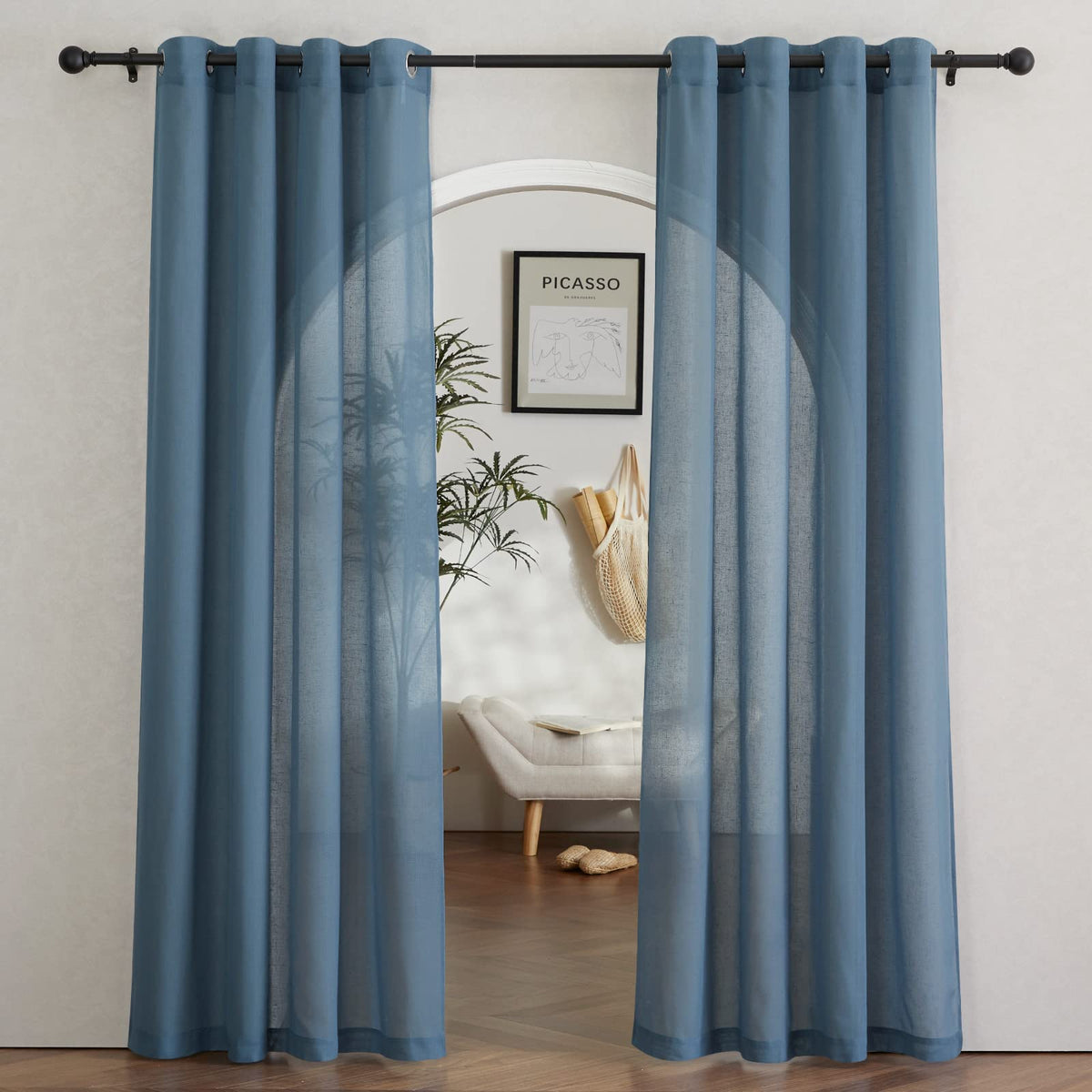 NICETOWN White Sheer Linen Curtains for Living Room 84 inch Length 2 Panels Set, Grommet Semi Sheer Privacy with Light Filtering Flax Window Treatments for Bedroom, W52 x L84