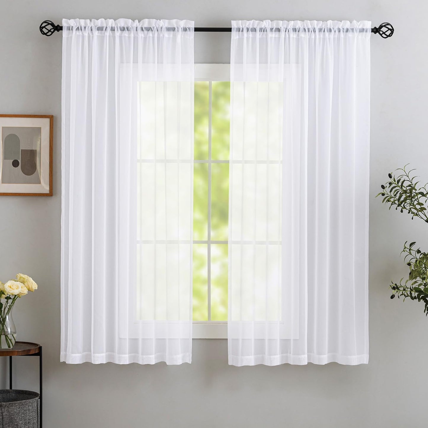 MYSTIC-HOME Sheer Curtains White 63 Inch Length, Rod Pocket Voile Drapes for Living Room, Bedroom, Window Treatments Semi Crinkle Curtain Panels for Yard, Patio, Villa, Parlor, Set of 2, 52"x 63"
