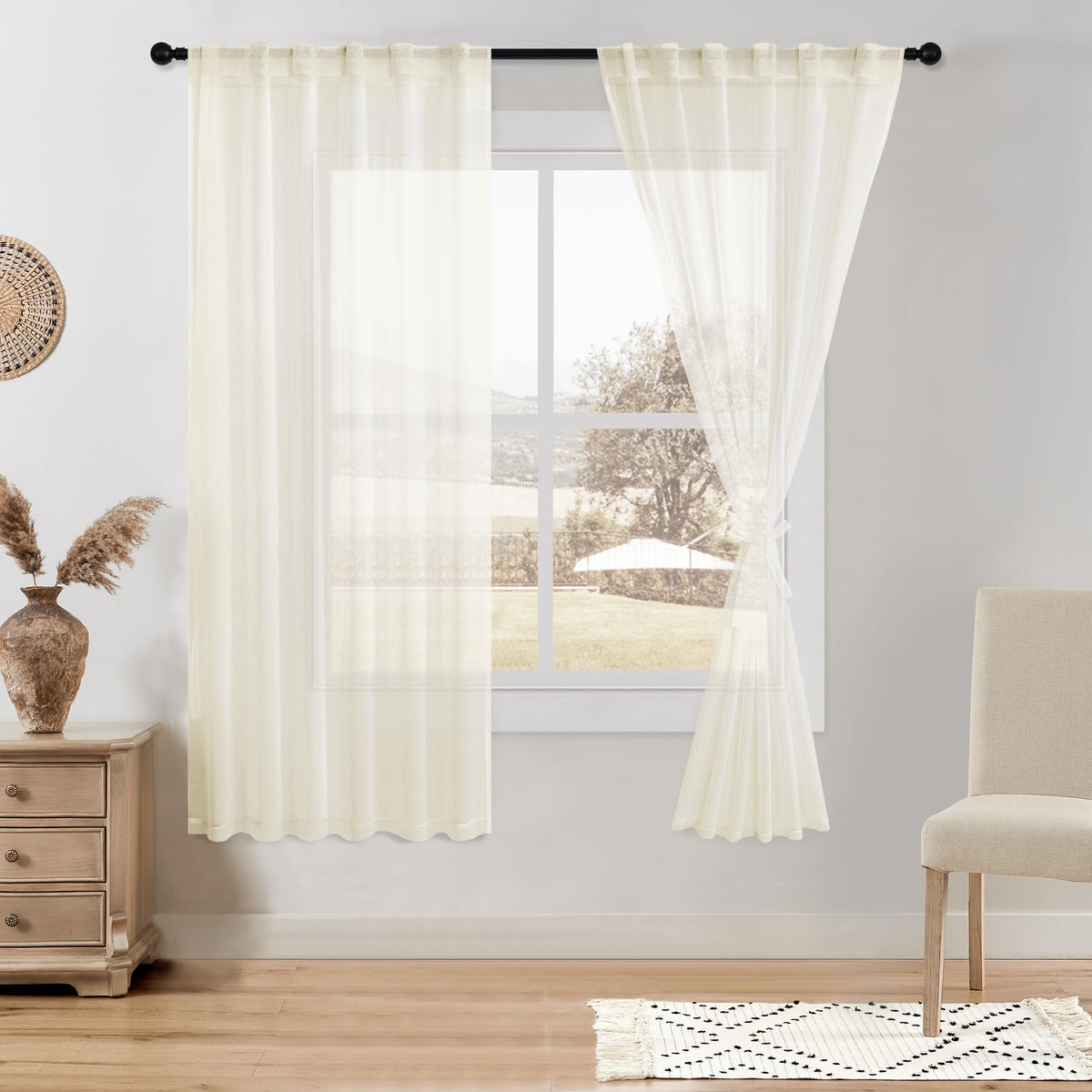 DWCN White Faux Linen Sheer Curtains, 2 Panels, 52x84 Inch | Faux Linen Textured Curtains with Rod Pocket & Back Tab, Semi Voile Light Airy Gauzy Privacy Drapes for Living Room Bedroom
