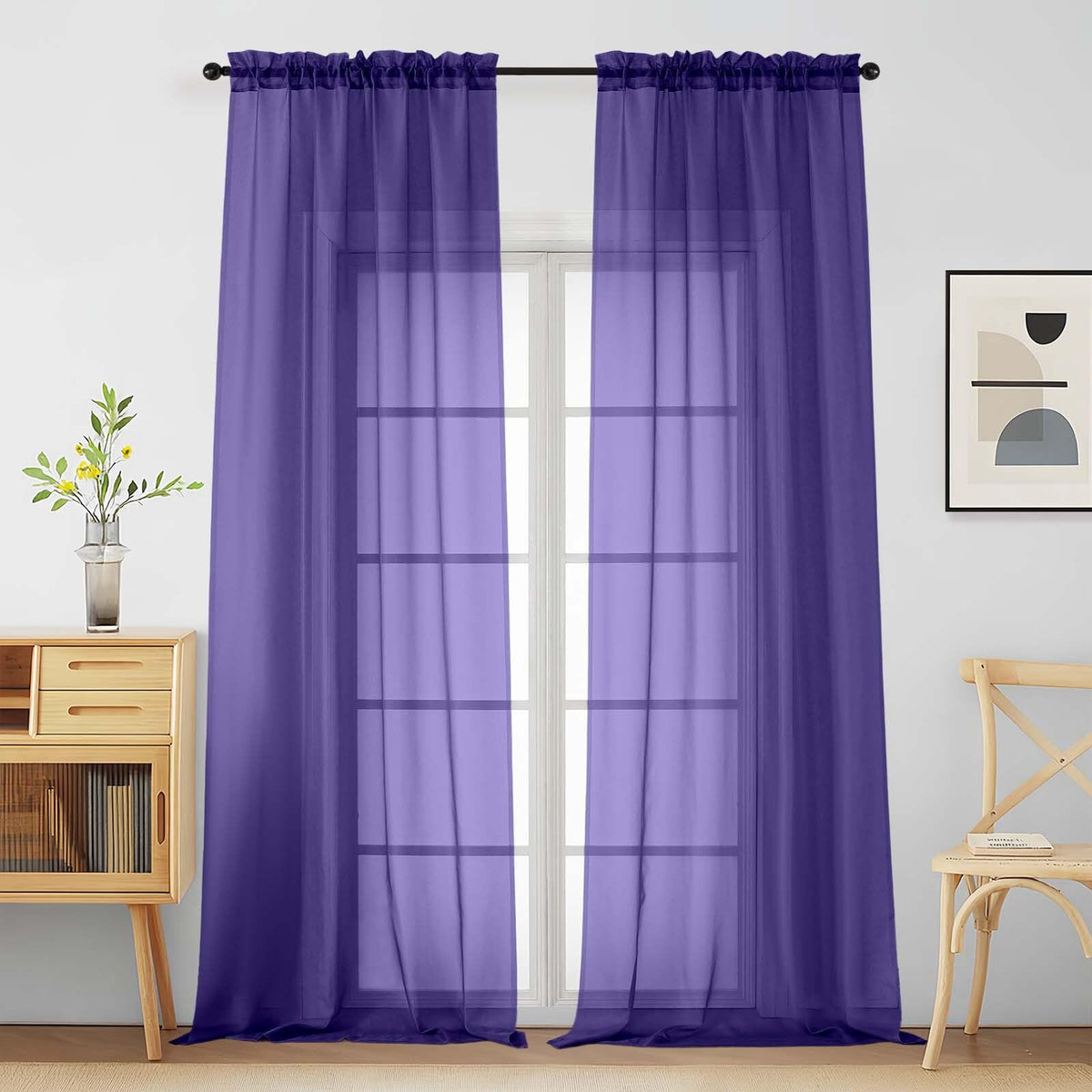 Purple Window Sheer Curtains 54 inch Length, Soft Airy Light Filtering Sheer Curtain 2 Panels Set, Dual Rod Pocket Gauze Purple Drapes for Living Room Bedroom, 2x42Wx54L Inches