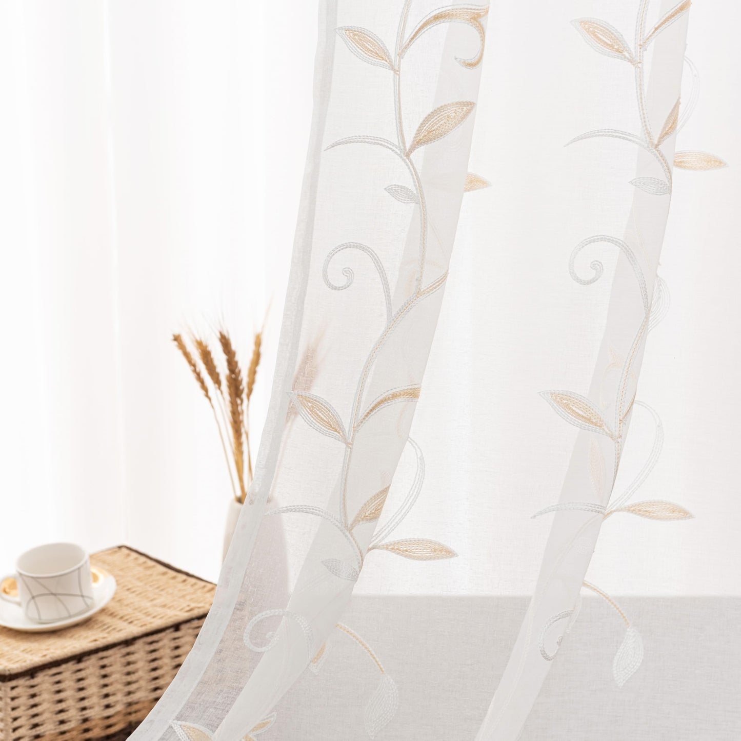 Sheer Curtains Boho Leaf Floral Embroidered Cream Beige 54Wx84L | Light Filtering Semi Sheer Voile Curtains With Design, Rod Pocket Window Drapes for Bedroom Living Room 2 Panels