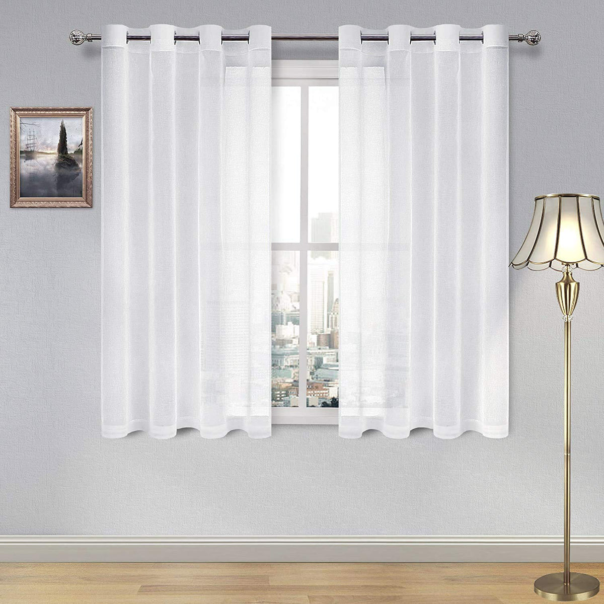 DWCN White Sheer Curtains Linen Look Semi Transparent Voile Grommet White Curtains for Living Dining Room Drapes 52 x 84 Inch Long, Set of 2 Panels