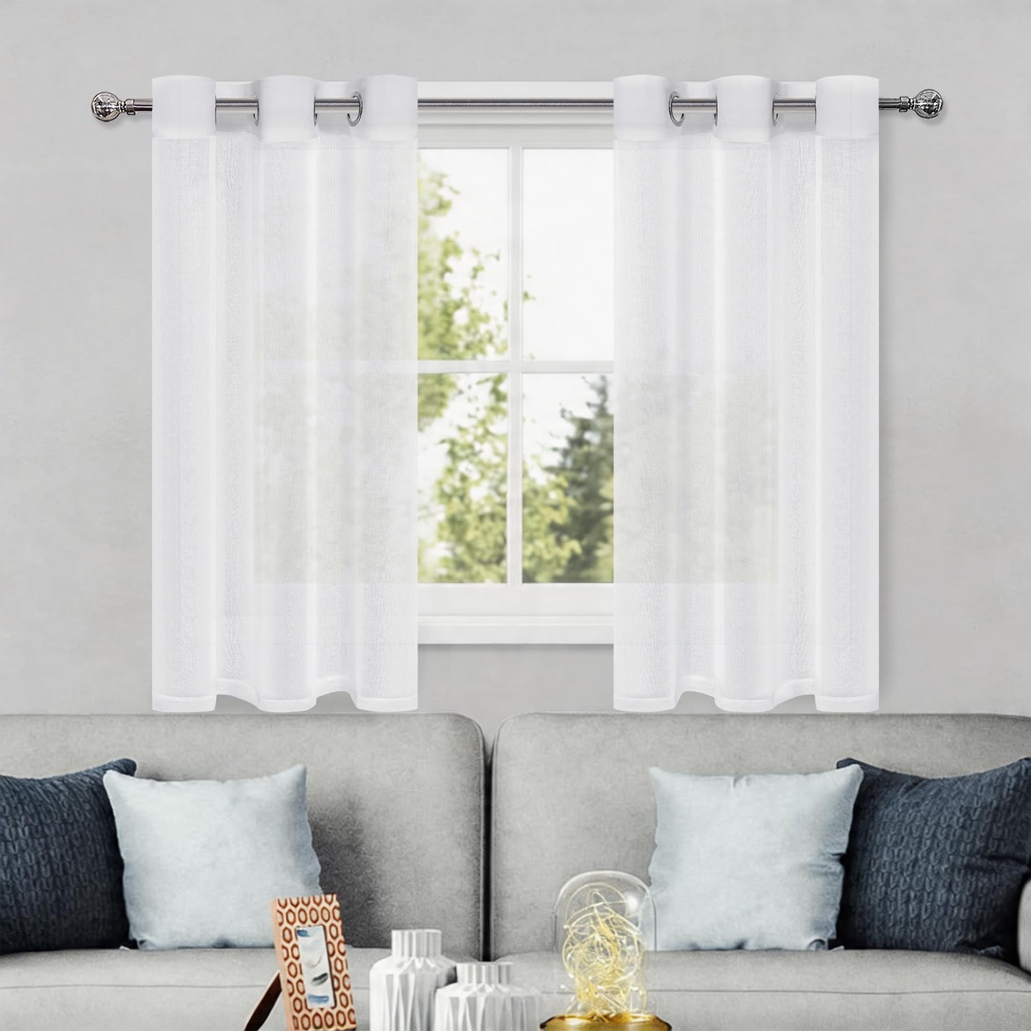 DWCN White Sheer Curtains Linen Look Semi Transparent Voile Grommet White Curtains for Living Dining Room Drapes 52 x 84 Inch Long, Set of 2 Panels