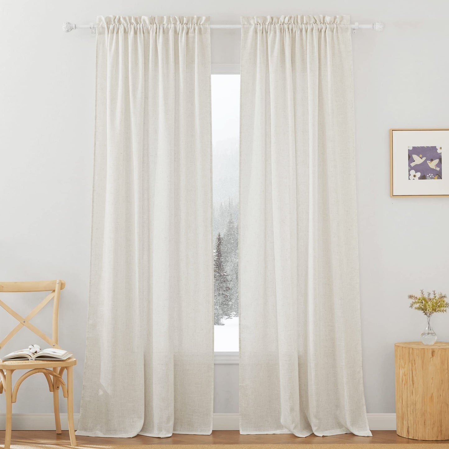 RYB HOME White Semi Sheer Curtains 84 inches Long for Living Room | Half Privacy, Linen Textured, Sheer Light Filtering, Vertical Window Drapes, for Bedroom Dining, White, W52 x L84, 2 Panels