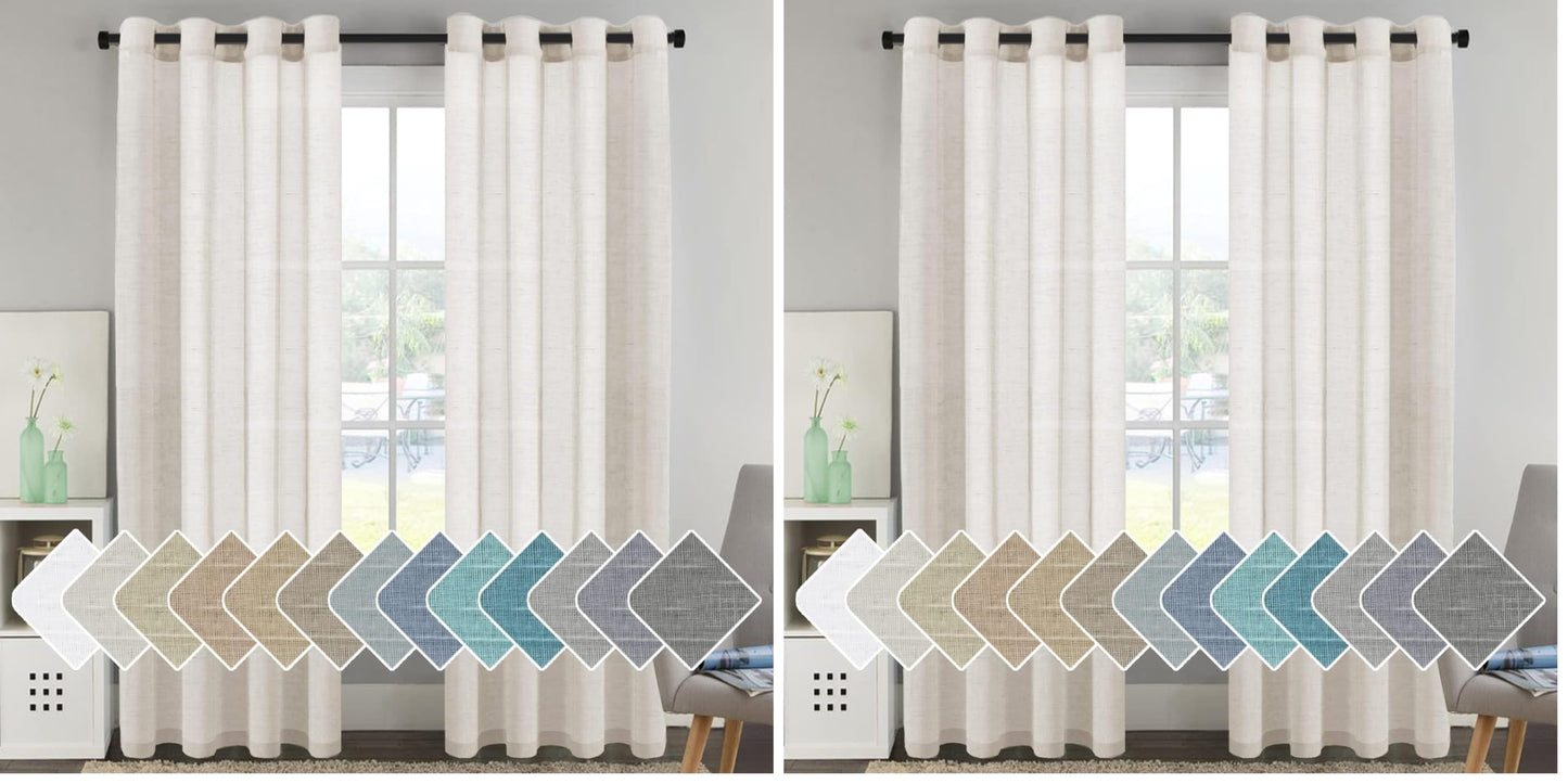 H.VERSAILTEX Natural Linen Sheer Curtains Flax Linen Blended Curtain Panels Living Room, Nickel Grommet Semitransparent Semi-Sheer Soft Privacy Drapes, Natural, 84 inches Long 2 Panels