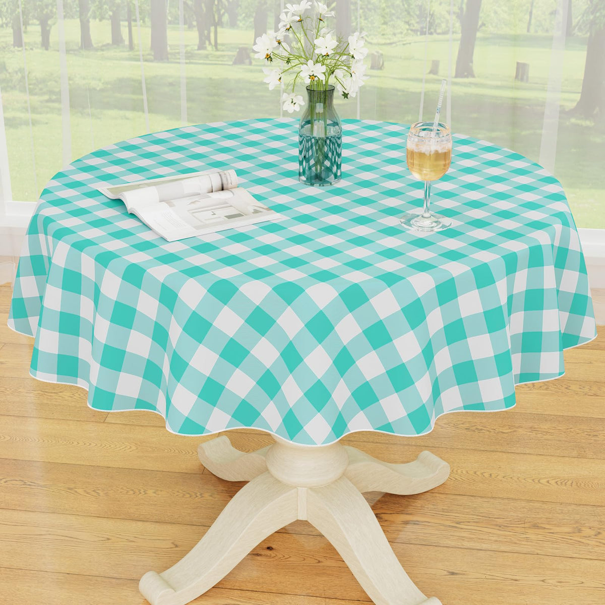 Smiry Picnic Table Cloth, Vinyl Tablecloths with Flannel Backing, 60"x84" | Waterproof Rectangle Table Cloth, Wipeable Buffalo Plaid Table Cover for Indoor and Outdoor (Khaki & White)
