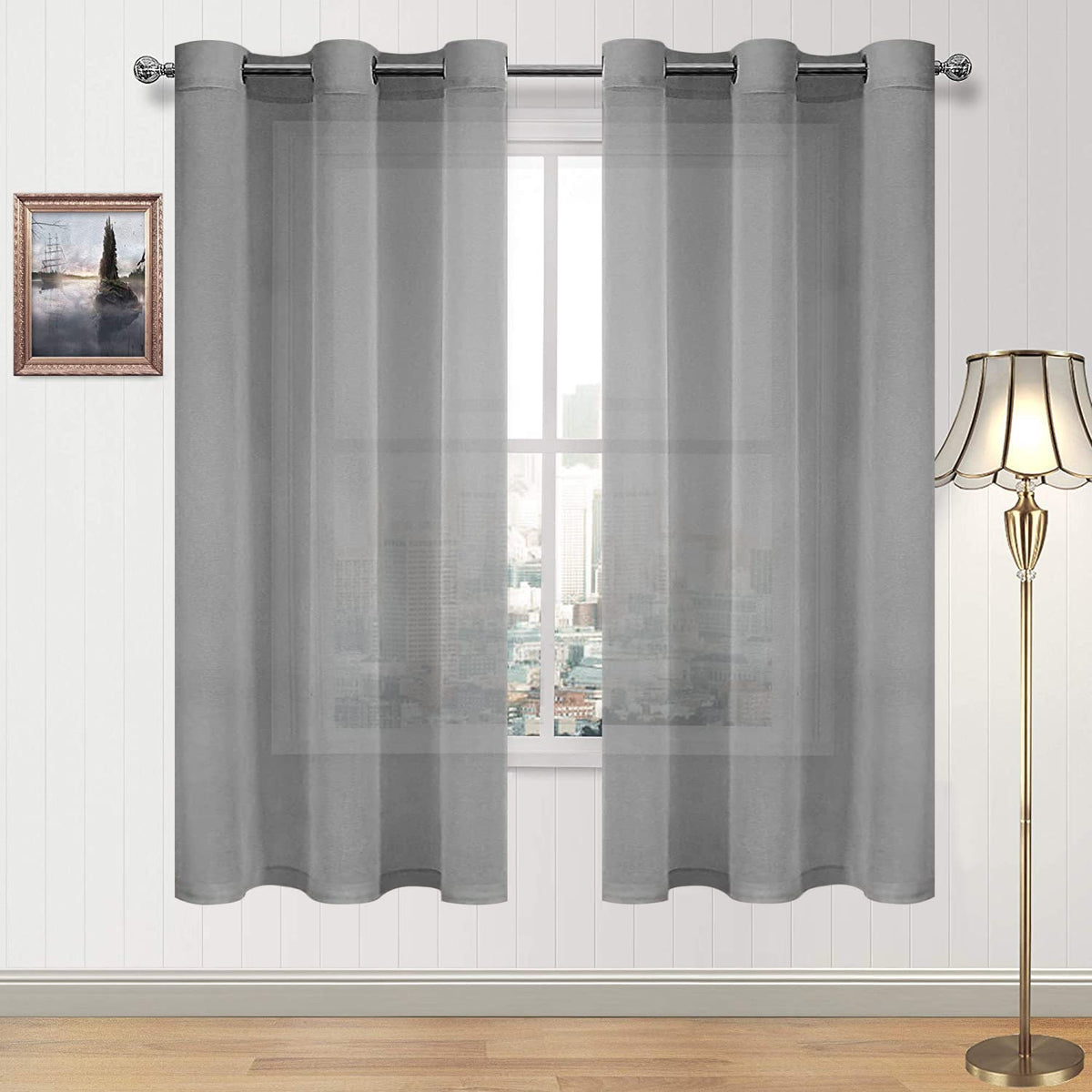 DWCN White Sheer Curtains Linen Look Semi Transparent Voile Grommet White Curtains for Living Dining Room Drapes 52 x 84 Inch Long, Set of 2 Panels