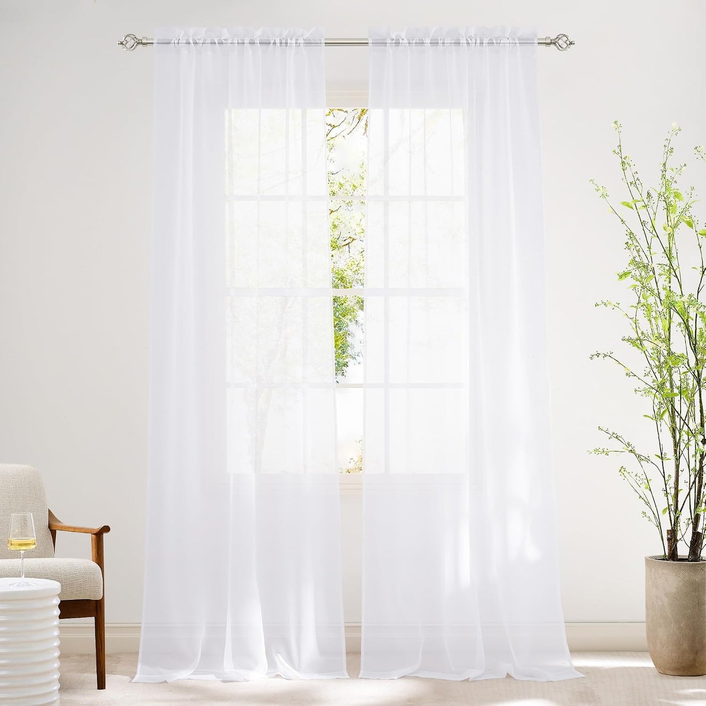NICETOWN White Sheer 96 inches Long Curtains for Living Room, Rod Pocket Lightweight Drapes Voile Sheer Air & Breathable Window Treatments for Bedroom, W42 x L96, 2 Panels