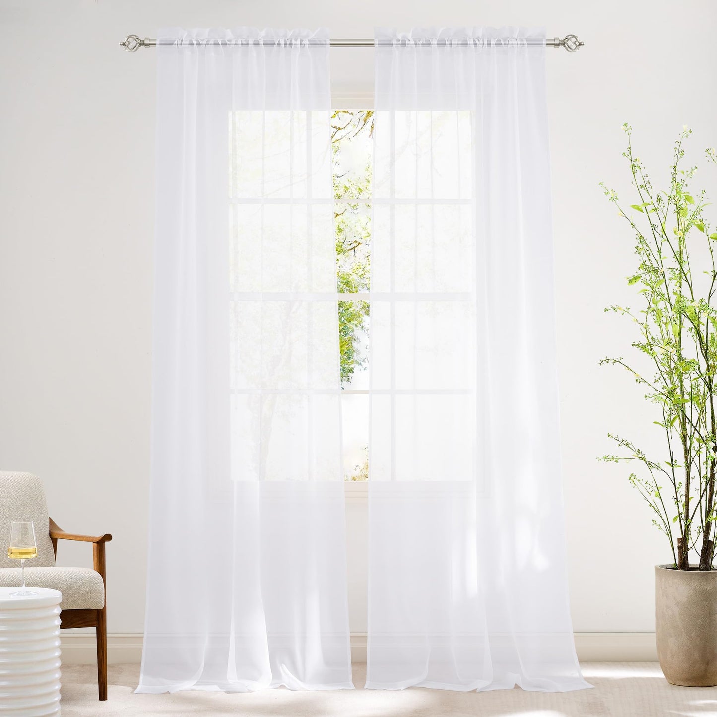 NICETOWN White Sheer 96 inches Long Curtains for Living Room, Rod Pocket Lightweight Drapes Voile Sheer Air & Breathable Window Treatments for Bedroom, W42 x L96, 2 Panels