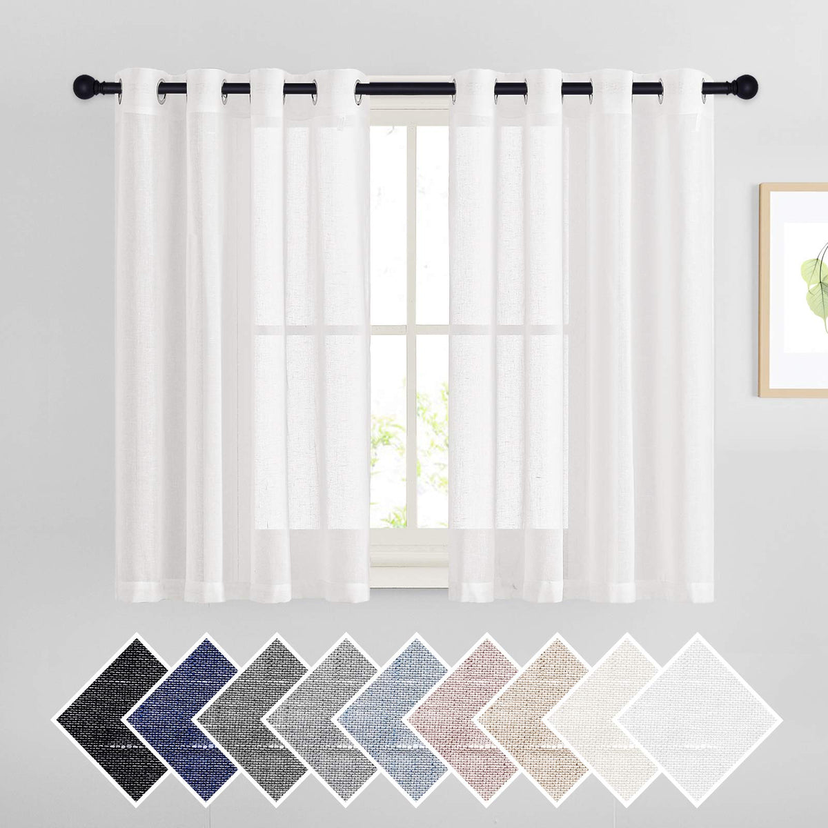 NICETOWN White Sheer Linen Curtains for Living Room 84 inch Length 2 Panels Set, Grommet Semi Sheer Privacy with Light Filtering Flax Window Treatments for Bedroom, W52 x L84
