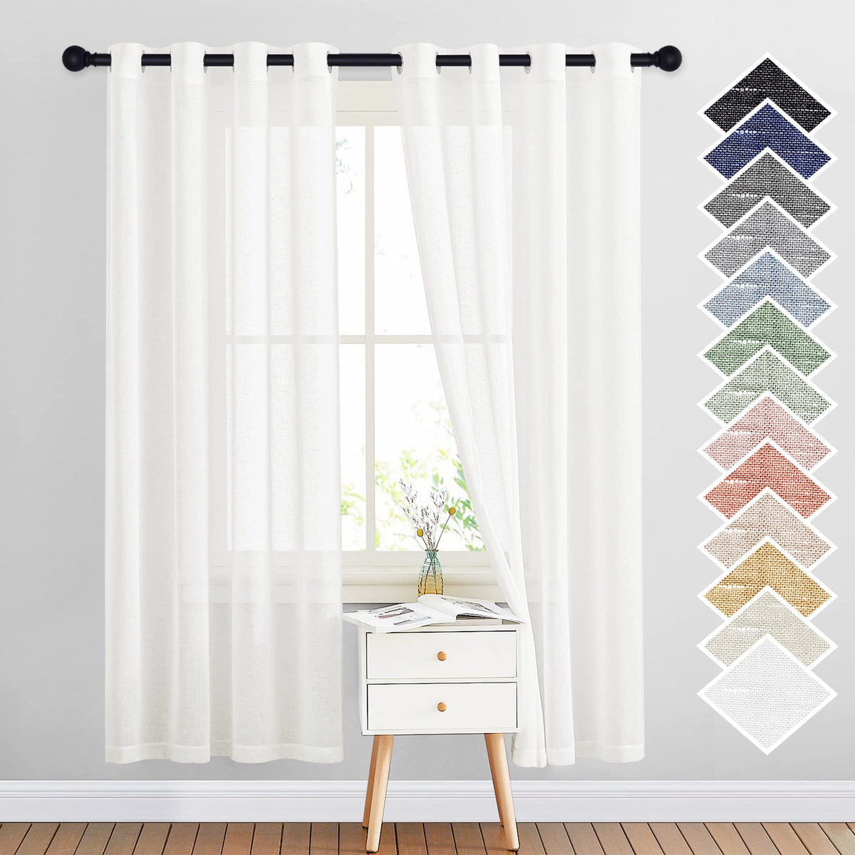 NICETOWN White Sheer Linen Curtains for Living Room 84 inch Length 2 Panels Set, Grommet Semi Sheer Privacy with Light Filtering Flax Window Treatments for Bedroom, W52 x L84