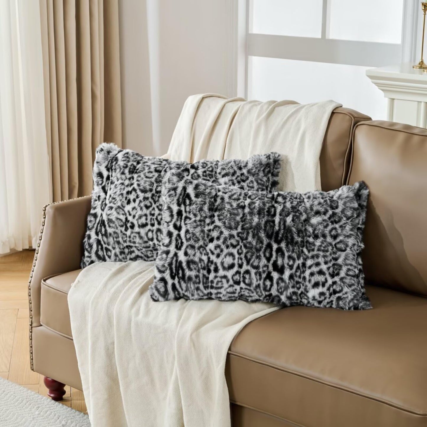 Cheetah Print Faux Fur Fluffy Pillowcases,Plush Soft Throw Pillow Covers, Fuzzy Decorative Leopard Print Pillow Cases, Furry Brown Leopard Cushion Covers for Couch Sofa-18x18 inch Set of 2