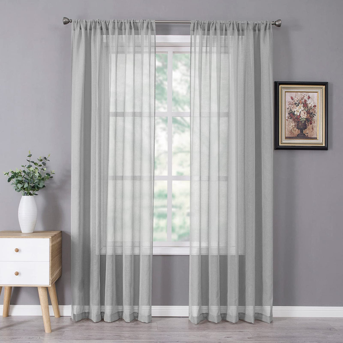 Tollpiz Sheer Curtains Living Room Linen Textured Curtain Sheers Light Filtering Voile Rod Pocket Curtains for Bedroom, 38 x 63 inches Long, White, Set of 2 Panels