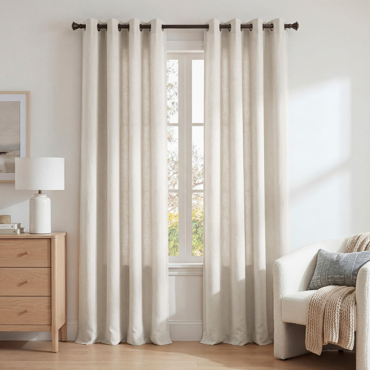 NICETOWN White Sheer Linen Curtains for Living Room 84 inch Length 2 Panels Set, Grommet Semi Sheer Privacy with Light Filtering Flax Window Treatments for Bedroom, W52 x L84