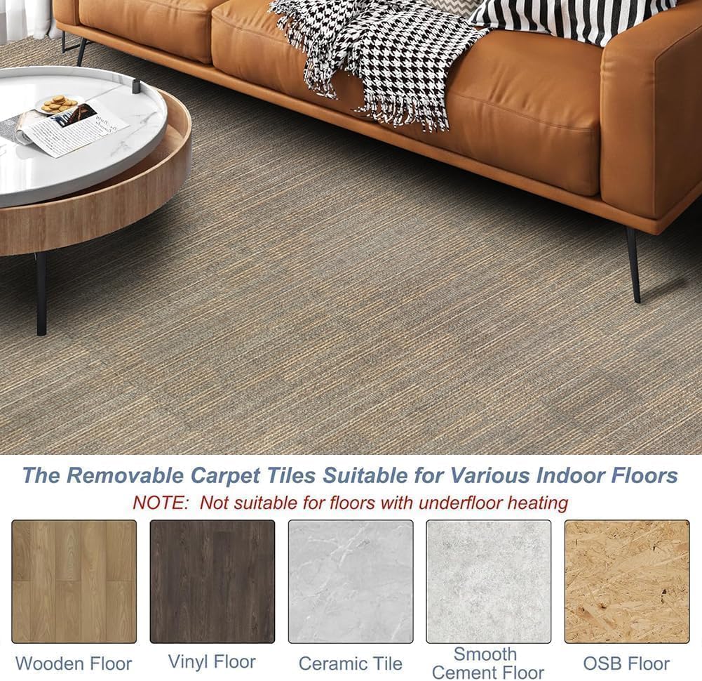 Carpet Tiles 24" x 24", 18 Tiles 72 Sqft, Non Slip Floor Carpet Squares w/Flexlok Tabs, DIY Installation, Commercial Removable Soft Rug for Bedroom Office Living Room and Basement, Beige