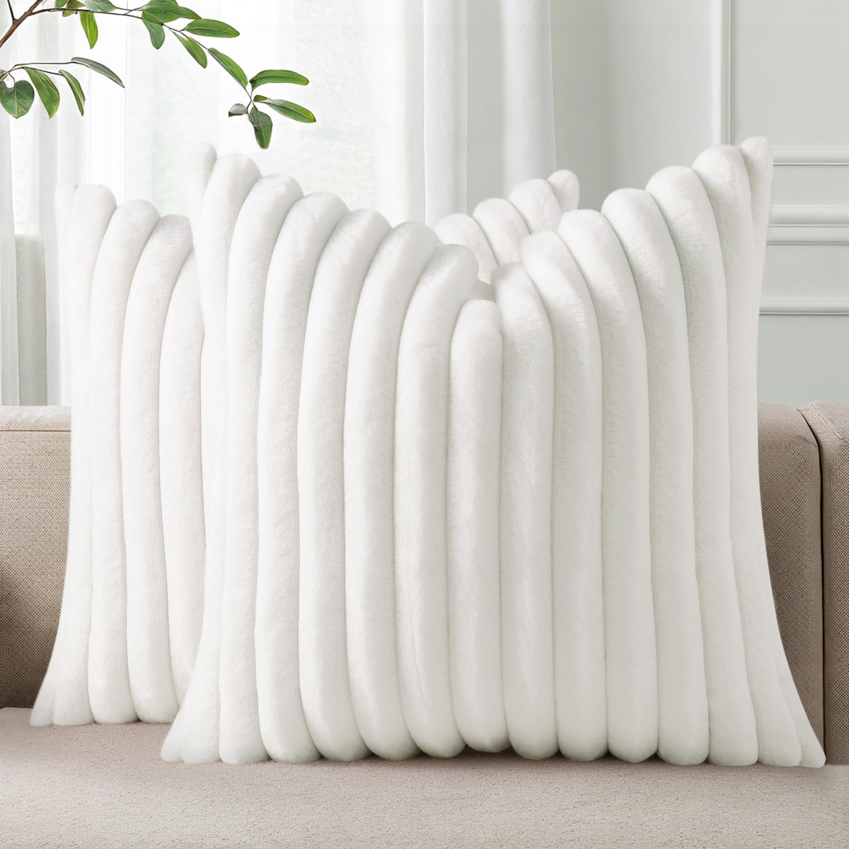 Pallene Faux Fur Decorative Throw Pillow Covers 18x18 Set of 2, Cream White | Luxury Plush Texture, Striped Design, Cozy Soft Touch, Modern Home Accent Decor for Couch, Sofa, Bed, Living Room
