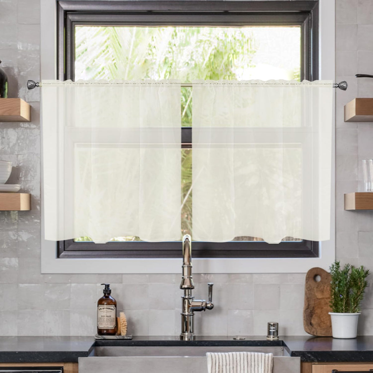 youleyar Solid Sheer Rod Pocket Curtain Voile Draperies 2 Panels White Beige Black Grey Coffee 52 Inch Width 84 Inch Long 1 Pair for Kitchen Bedroom Children Living Room Yard (Ivory,52W ｘ 84L)