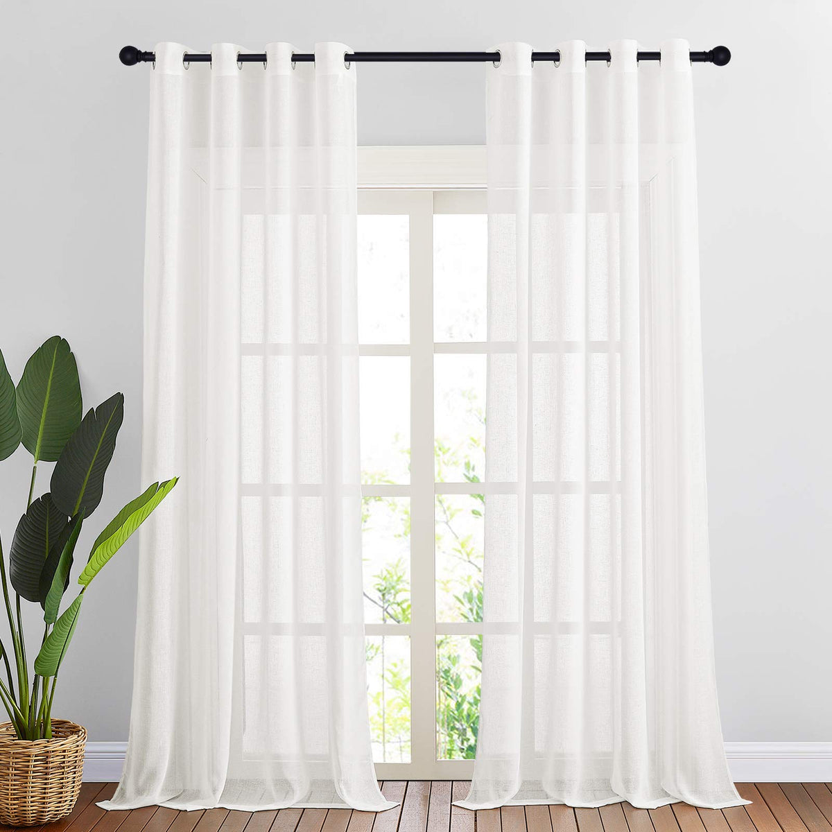 NICETOWN White Sheer Linen Curtains for Living Room 84 inch Length 2 Panels Set, Grommet Semi Sheer Privacy with Light Filtering Flax Window Treatments for Bedroom, W52 x L84