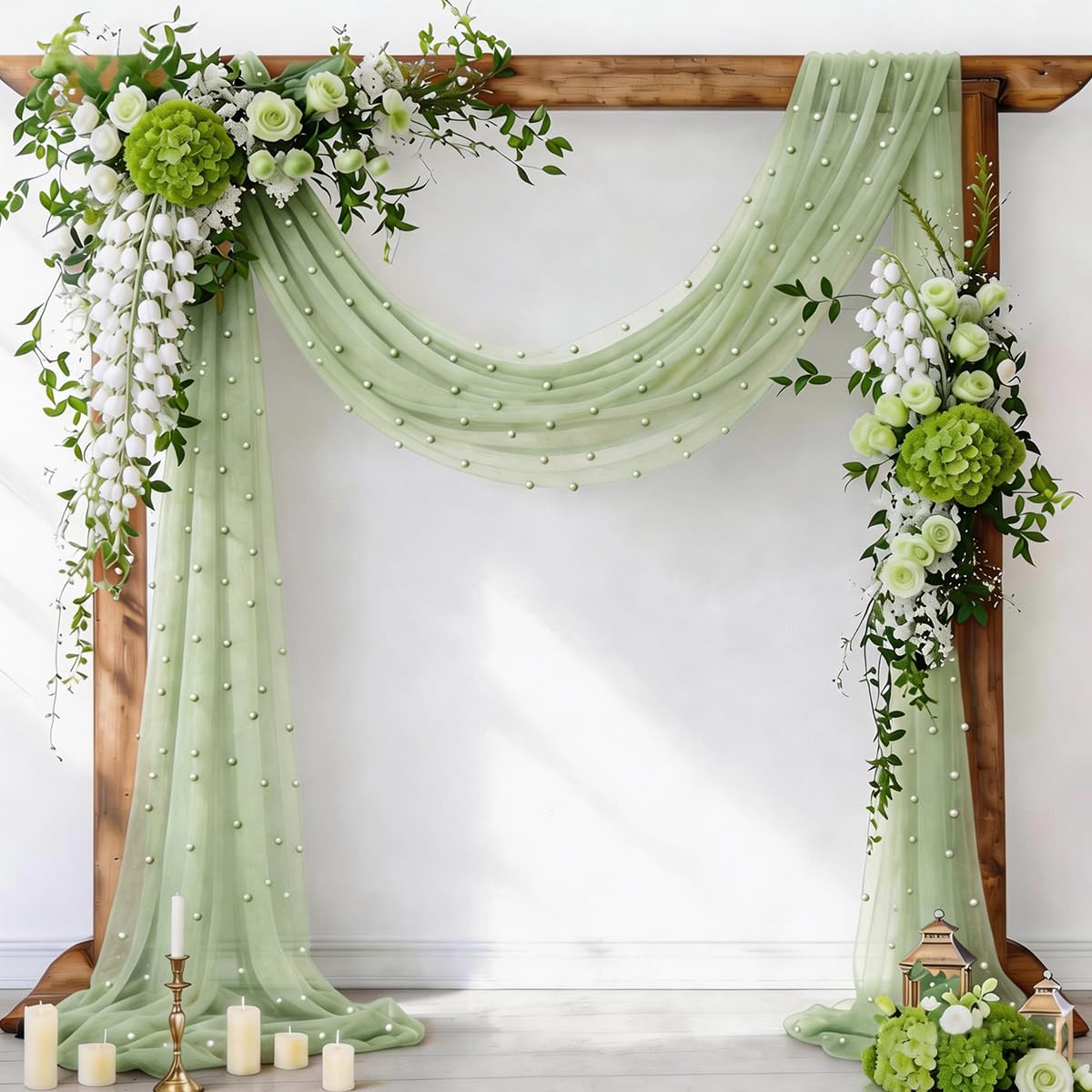 Pearl Table Runner Gauze Sheer 19FT Wedding Draping Fabric Decor | Sage Green Summer Tulle Chiffon Arch Outdoor Drapes Long Curtain for Birthday Party Baby Shower Bridal Engagement Decor
