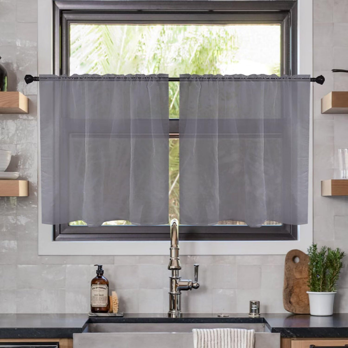 youleyar Solid Sheer Rod Pocket Curtain Voile Draperies 2 Panels White Beige Black Grey Coffee 52 Inch Width 84 Inch Long 1 Pair for Kitchen Bedroom Children Living Room Yard (Ivory,52W ｘ 84L)