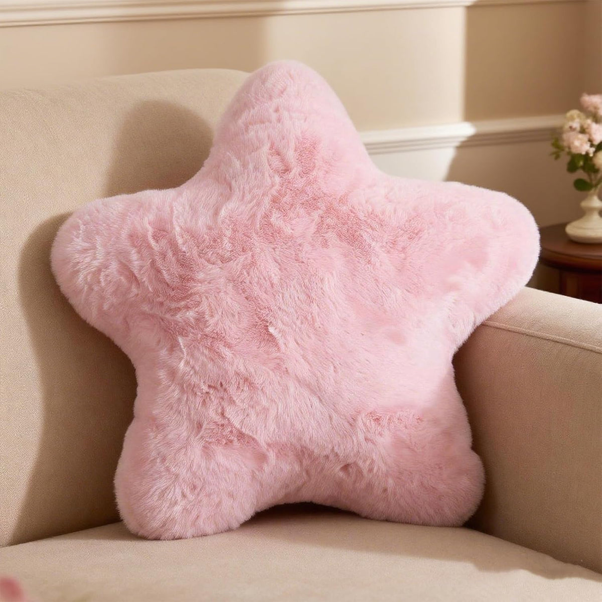 YRXRUS Star Pillows, Light Pink Star Shaped Pillow, Decorative Throw Pillow Gifts, Cute Plush Room Decor, Fluffy Faux Rabbit Fur 14"x14"Pillows for Living Bedroom