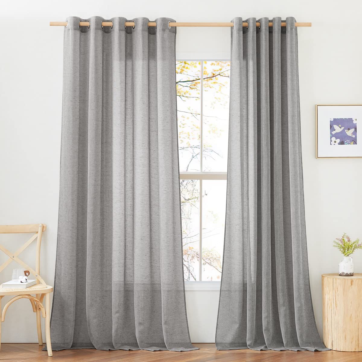 NICETOWN White Sheer Linen Curtains for Living Room 84 inch Length 2 Panels Set, Grommet Semi Sheer Privacy with Light Filtering Flax Window Treatments for Bedroom, W52 x L84