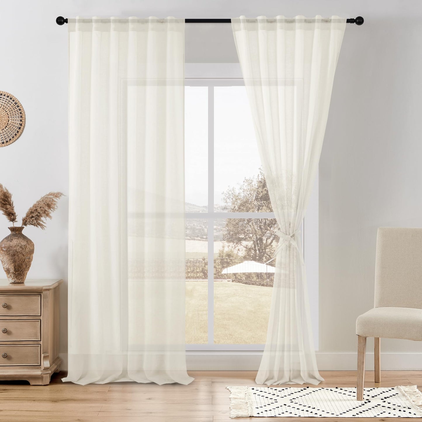 DWCN White Faux Linen Sheer Curtains, 2 Panels, 52x84 Inch | Faux Linen Textured Curtains with Rod Pocket & Back Tab, Semi Voile Light Airy Gauzy Privacy Drapes for Living Room Bedroom