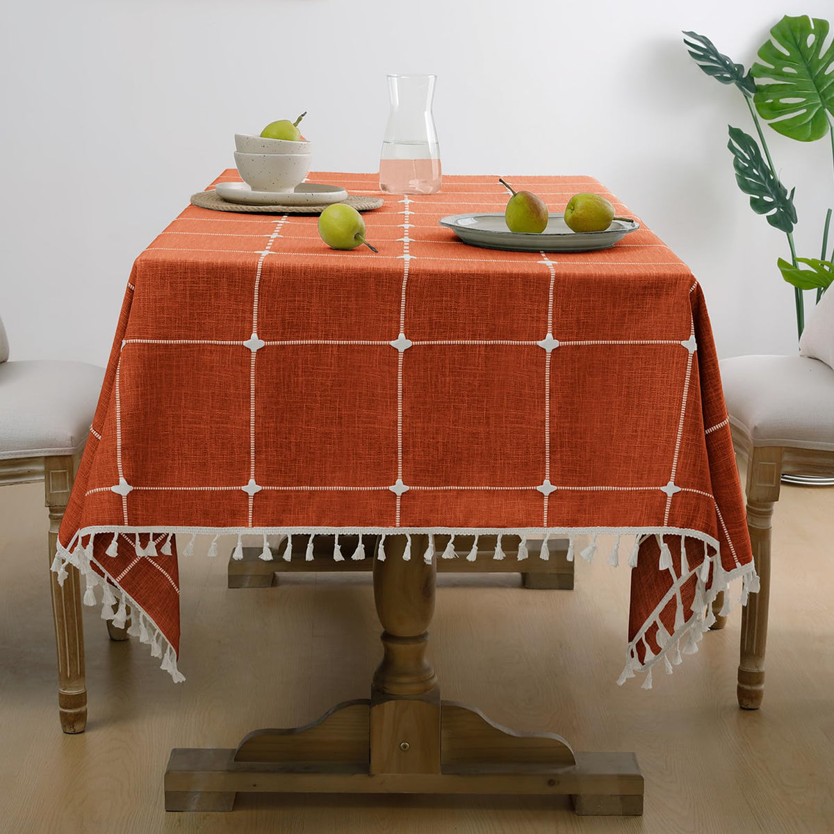 Softalker Outdoor Linen Tablecloth Rectangle, Waterproof Cotton Boho Farmhouse Table Cloths with Tassel, Heavy Weight Wrinkle Free Table Cover for Picnic Camping Dining - 55 x 70 Inch, Coffee Lines