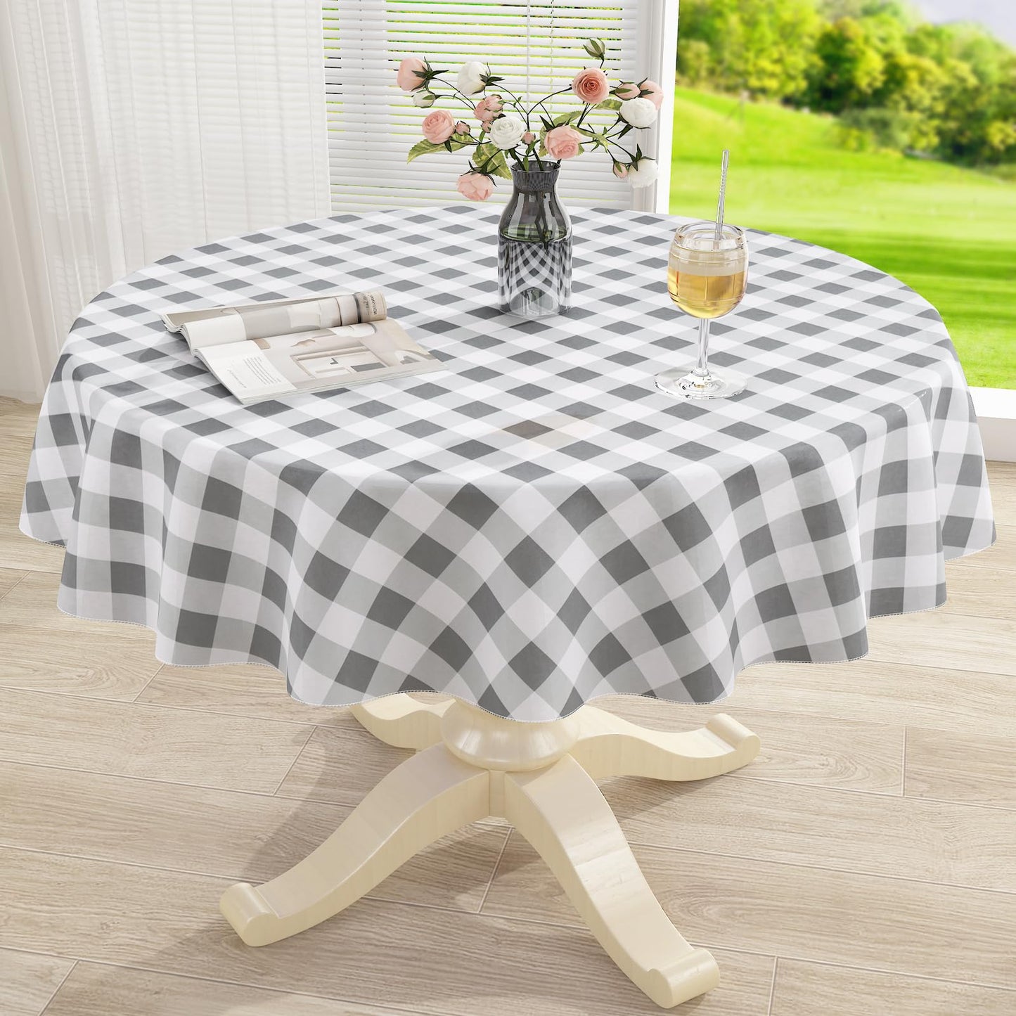 Rectangle Waterproof Vinyl Table Cloth, Buffalo Flannel Backed Tablecloth, Wipeable Plastic Table Cover for Dinner, Kitchen, Outdoor (60" x 84", Black and White)