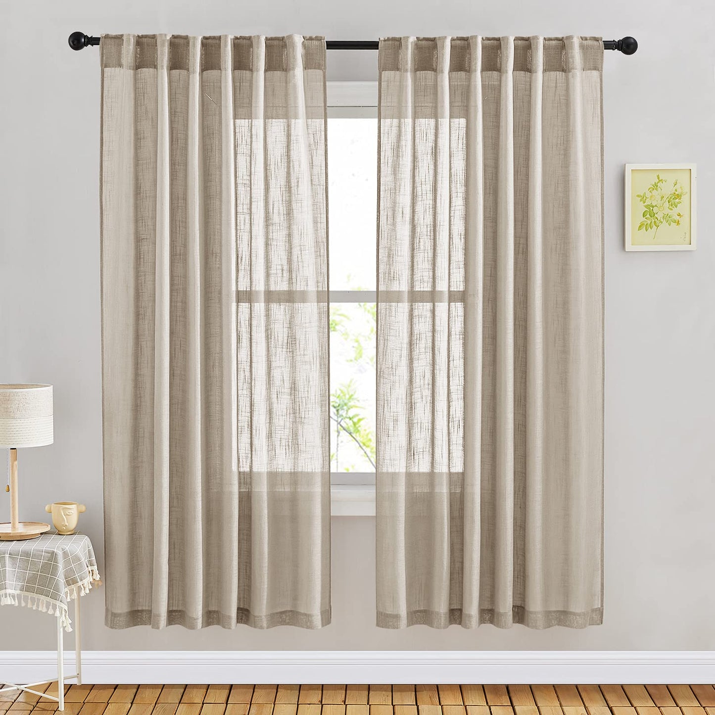 NICETOWN White Linen Sheer Curtains and Drapes 84 inches Long, Rod Pocket & Back Tab semitransparent with Light Through Vertical Window Treatments for Sliding Glass Door & Living Room, 52"W, Set of 2