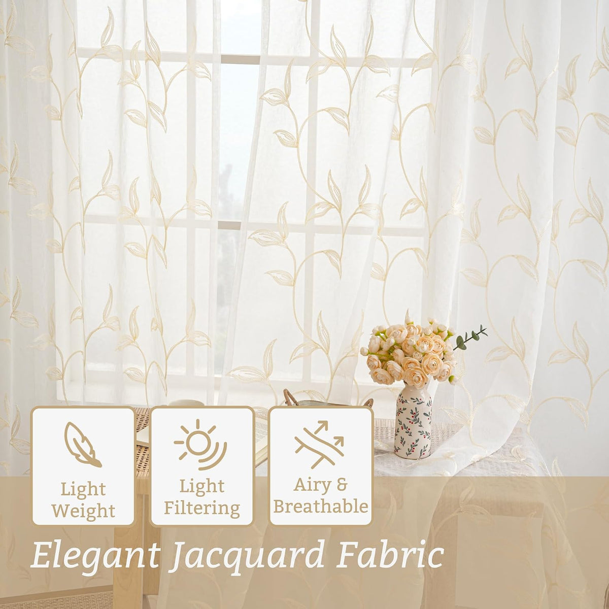 Sheer Curtains Boho Leaf Floral Embroidered Cream Beige 54Wx84L | Light Filtering Semi Sheer Voile Curtains With Design, Rod Pocket Window Drapes for Bedroom Living Room 2 Panels
