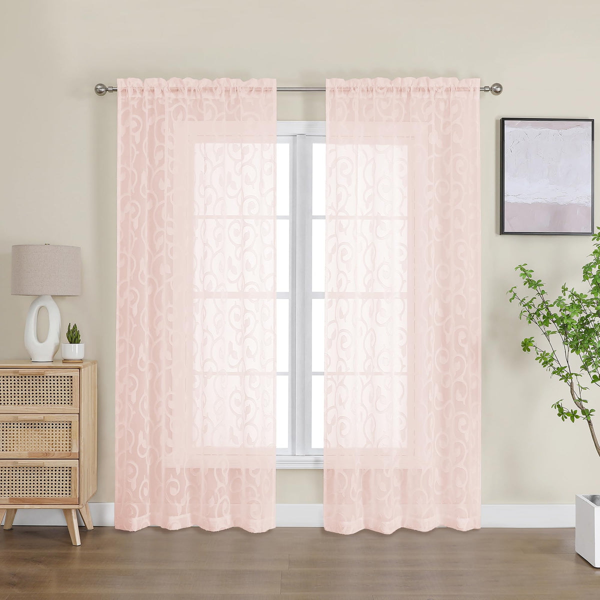 Furman Ivory Sheer Curtains 84 inches Long for Bedroom Living Room 2 Panels Set, Jacquard Clip Light Filtering Semi Sheer Curtain Rod Pocket Window Drapes, 2 Pcs Each 40 W 84 L