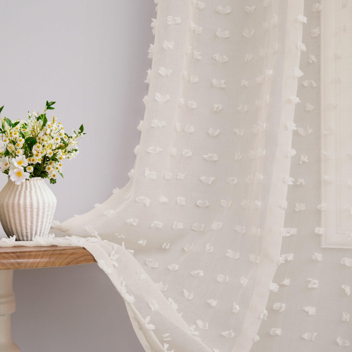 White Sheer Curtains 84 Inches Long for Living Room Bedroom Farmhouse White Pom Pom Curtains 2 Panels Back Tab Shabby Chic Boho Curtain Semi Sheer Nursery Kids Aesthetic Ruffle Drape 52x84 Length