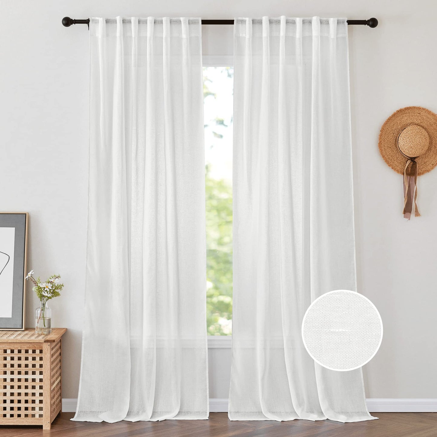 PONY DANCE White Sheer Curtains 96 inches Long, 2 Panels | Floor to Ceiling Curtains Living Room Window Treatments Natural Linen Blended Sheer Drapes for Bedroom, 52 Wide x 96 Long