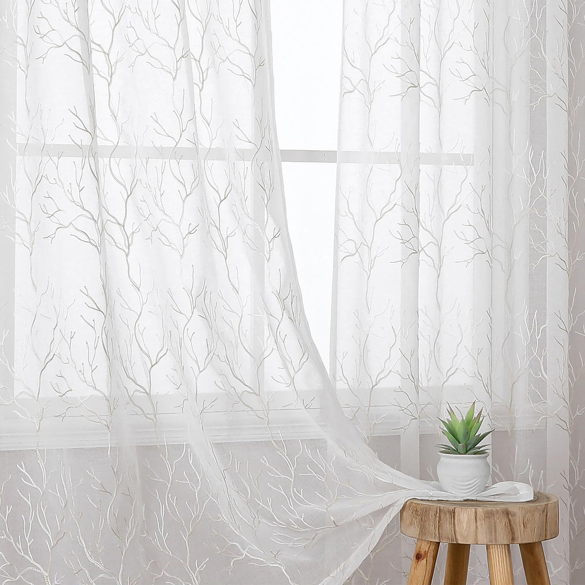 Sheer Curtains Boho Leaf Floral Embroidered Cream Beige 54Wx84L | Light Filtering Semi Sheer Voile Curtains With Design, Rod Pocket Window Drapes for Bedroom Living Room 2 Panels