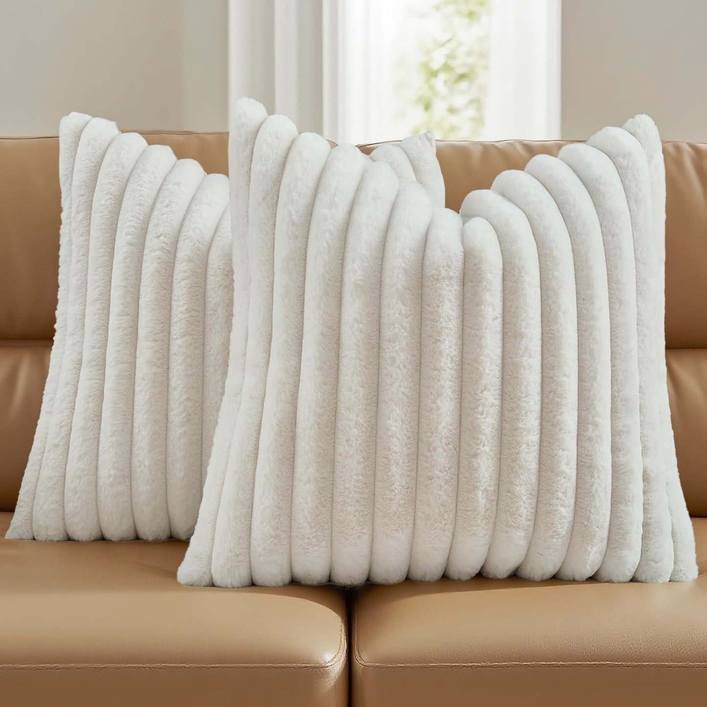 FUTEI Pack of 2 Faux Fur Throw Pillow Covers 18x18 Inch, Cream White | Fluffy Faux Rabbit Fur Front/Premium Velvet Back,Hidden Zipper,Machine Washable,Non-Shedding,Colorfast,Insert Not Included.