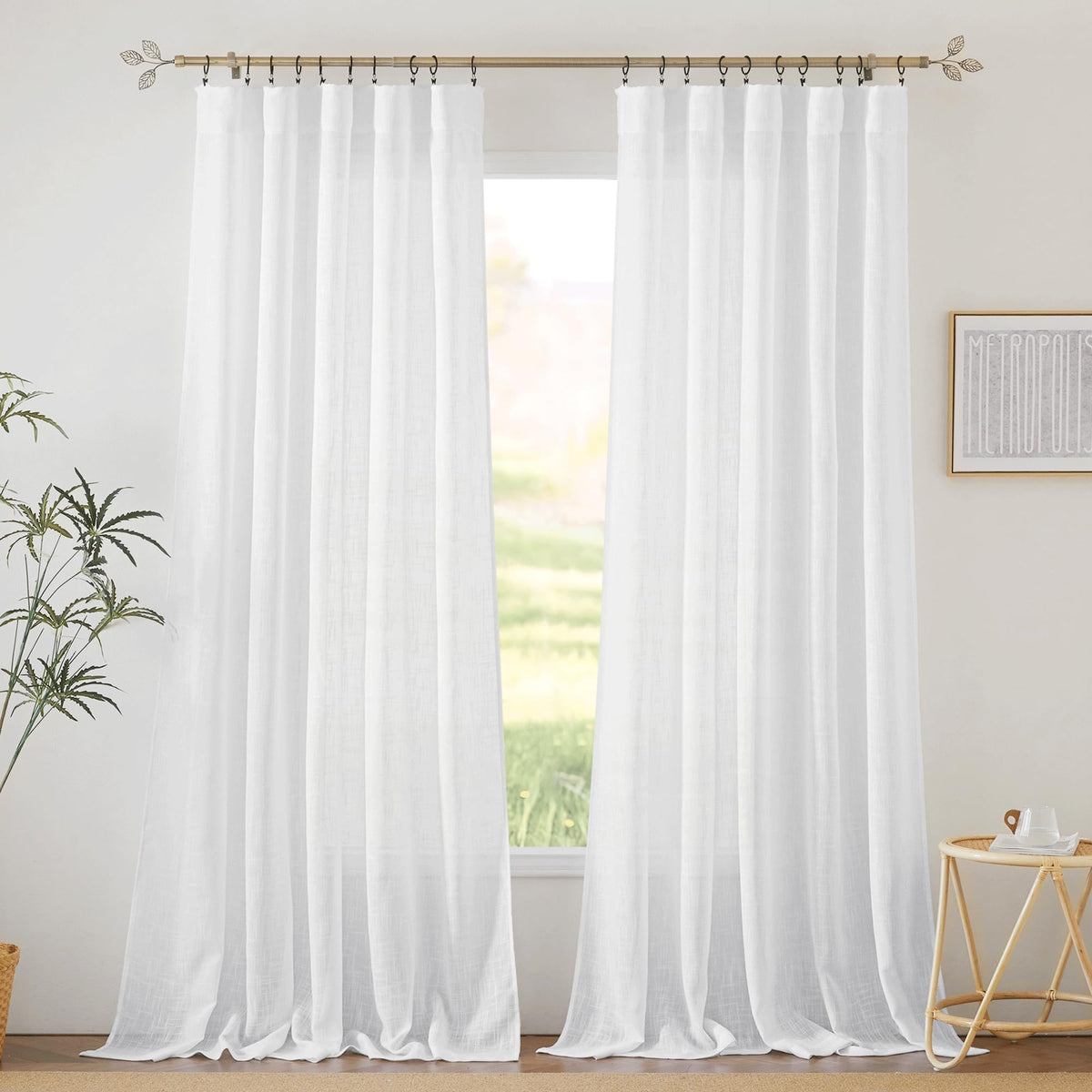 RYB HOME White Sheer Curtains for Living Room Patio Glass Door, W52 x L95 | Linen Texture, Light Filtering Privacy, Airy Translucent, Back Tab, Bedroom Office Balcony, W52 x L95, 2 Panels