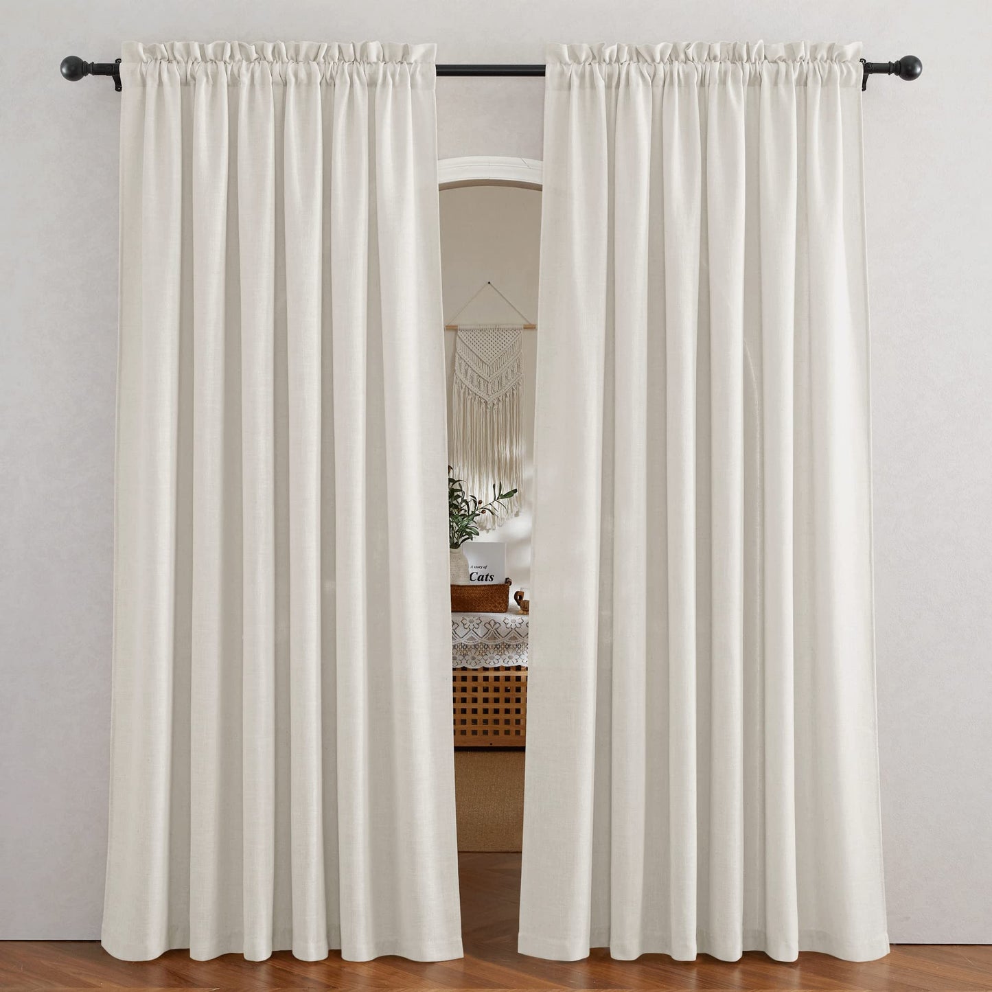 RYB HOME White Semi Sheer Curtains 84 inches Long for Living Room | Half Privacy, Linen Textured, Sheer Light Filtering, Vertical Window Drapes, for Bedroom Dining, White, W52 x L84, 2 Panels