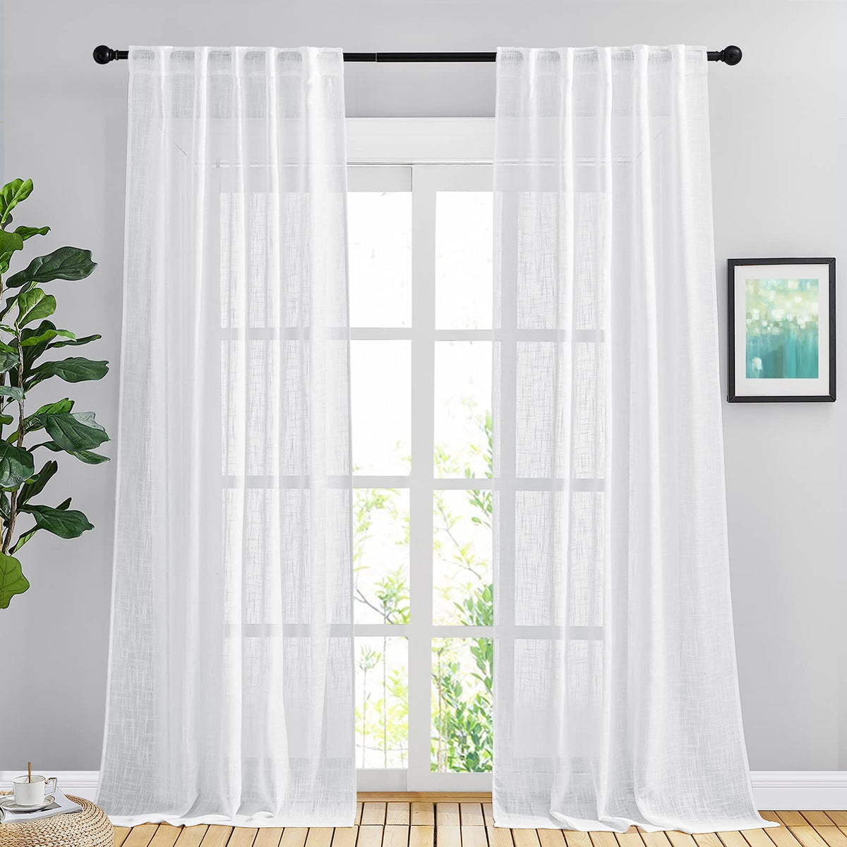 NICETOWN Flax Linen Curtains 84 inch Long, Rod Pocket & Back Tab Semi Sheer Vertical Drapes Privacy Added with Light Filtering for Bedroom/Living Room, Burlap, W52 x L84, 2 Pieces