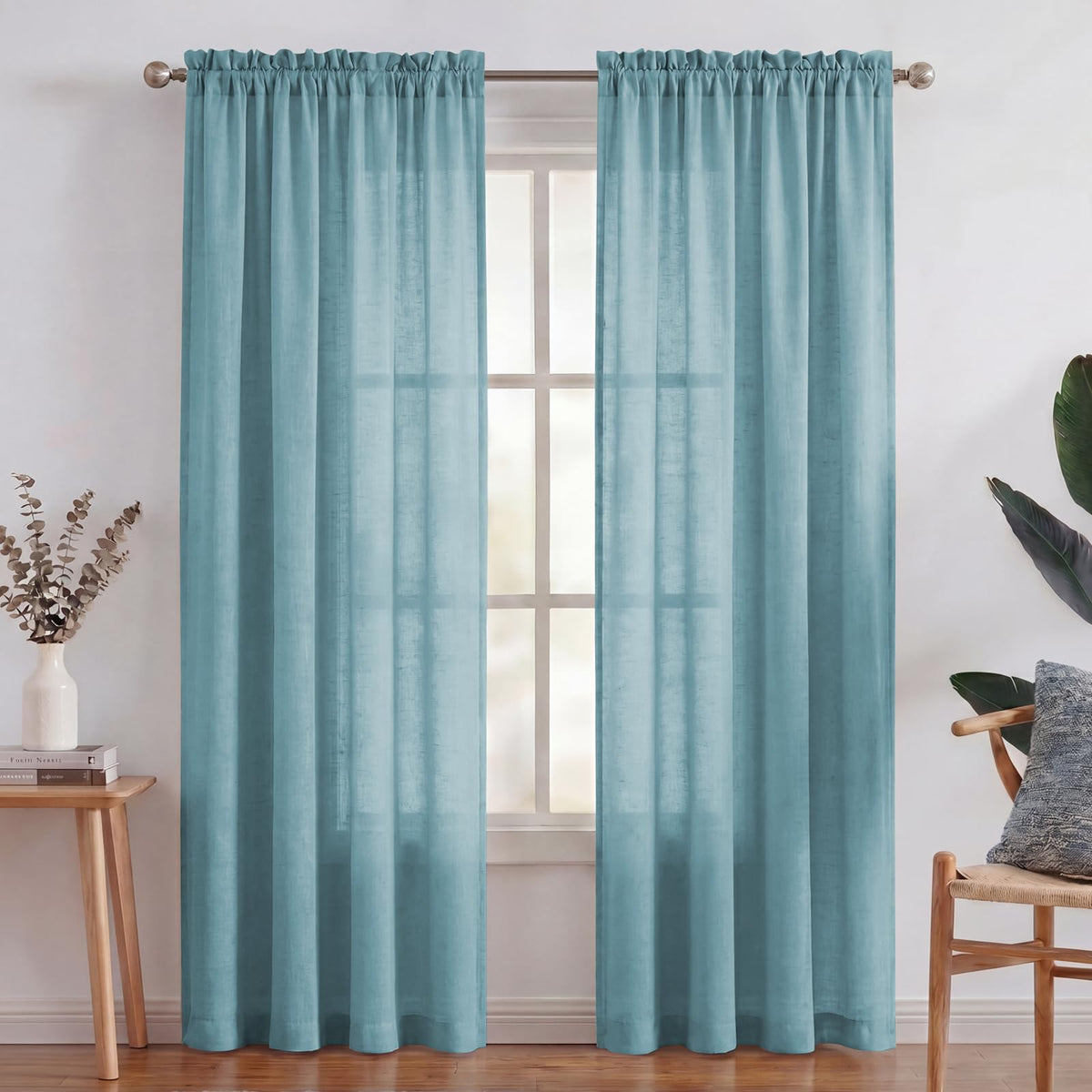 Turquoize White Linen Curtains 96 Inches Long Semi Sheer Curtains Light Filtering Linen Drapes for Living Room/Bedroom 2 Panels Set Rod Pocket Window Treatments Panels,W52 x L96, White