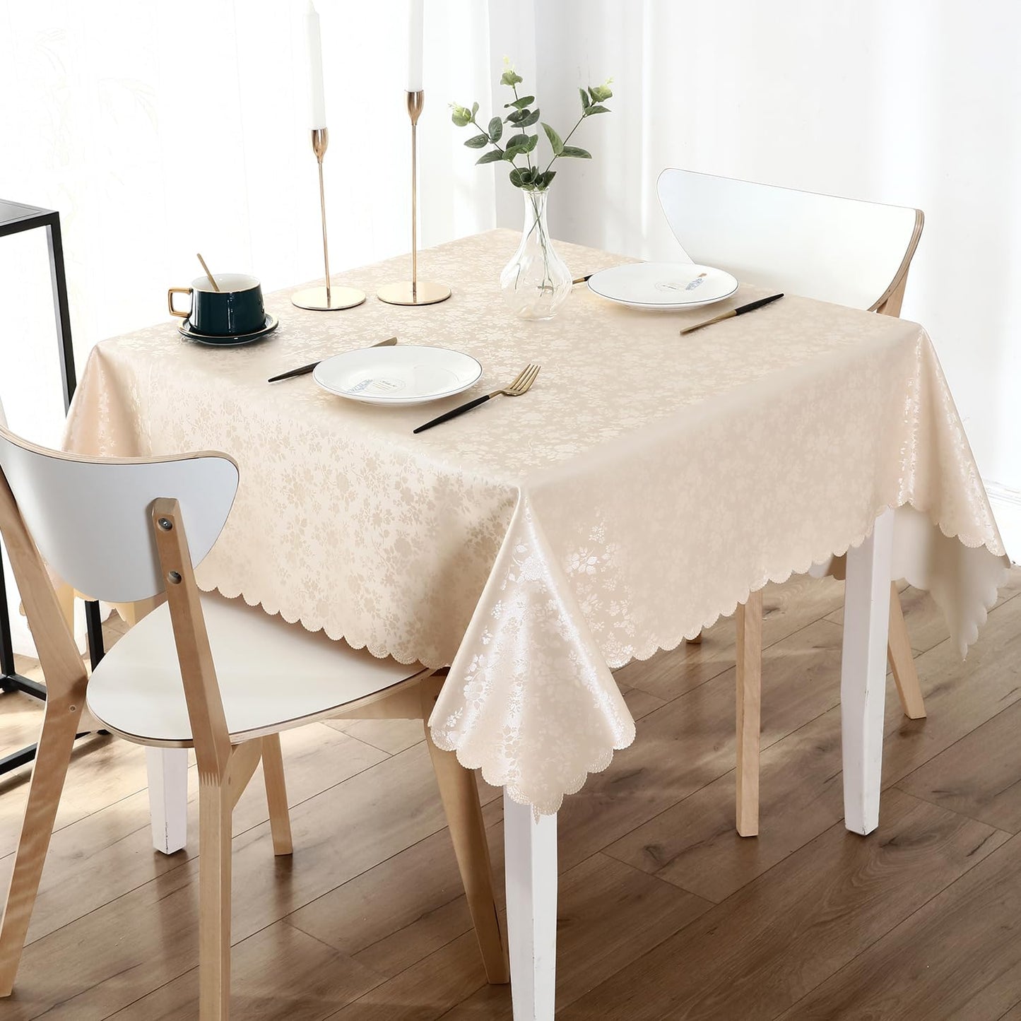 Smiry Rectangle Waterproof Heavy Duty Vinyl Tablecloths, 60 x 84 Inch | Wipeable Washable Floral Embossed Table Cover for Kitchen and Dining Room, Indoor & Outdoor Use, Beige