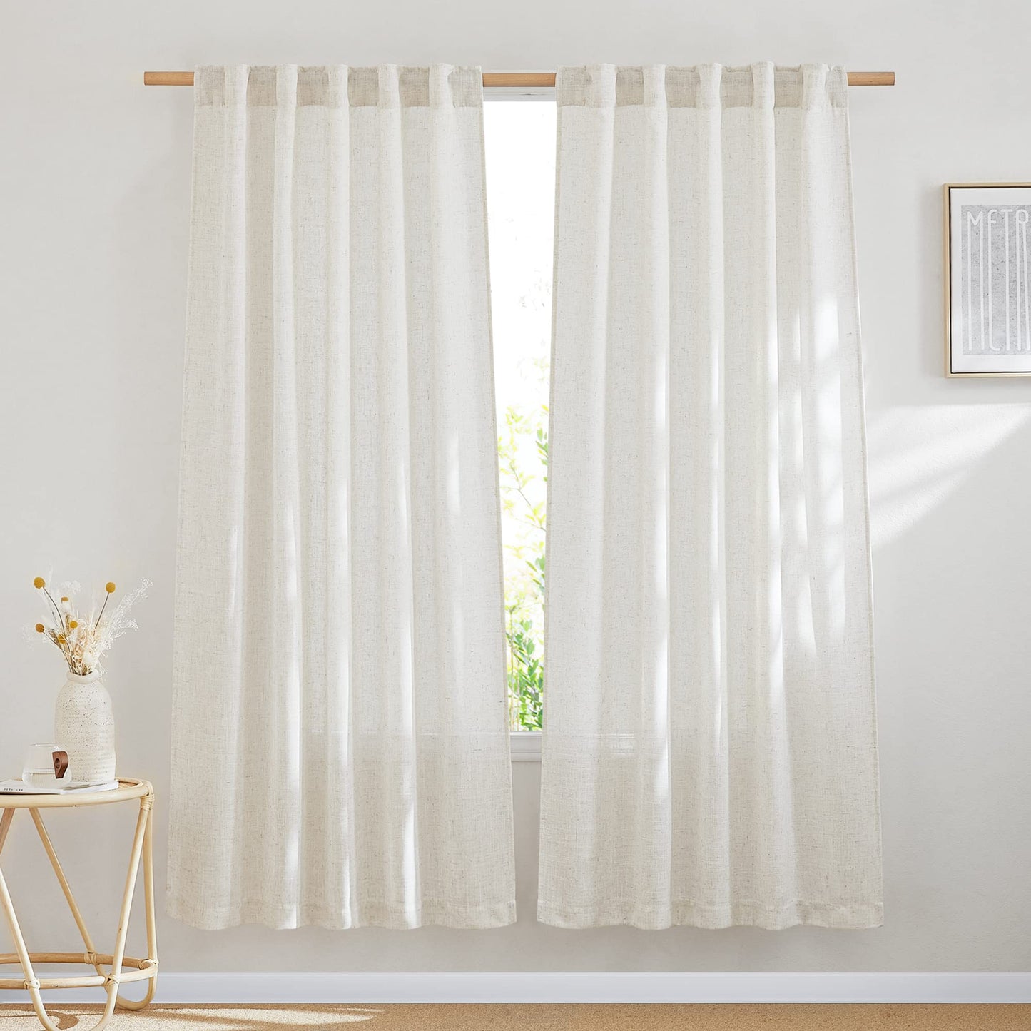 NICETOWN Flax Linen Curtains 84 inch Long, Rod Pocket & Back Tab Semi Sheer Vertical Drapes Privacy Added with Light Filtering for Bedroom/Living Room, Burlap, W52 x L84, 2 Pieces